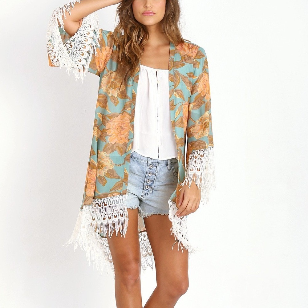 Show‎ Me Your Mumu Floral Kimono Duster Turquoise Coral Lace Fringe Medium